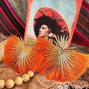 Bold Orange Feathered Earrings With Gold Toned Fittings